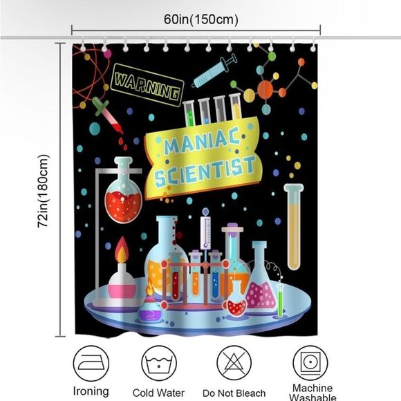 Science Shower Curtain Funny Maniac Sceientist Warning Bath Curtains Decor Sets - Picture 4 of 6